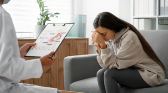 Close up on a plate of mashed potatoes, topped with baked pork chops with cream of mushroom soup, and a side of green beans.